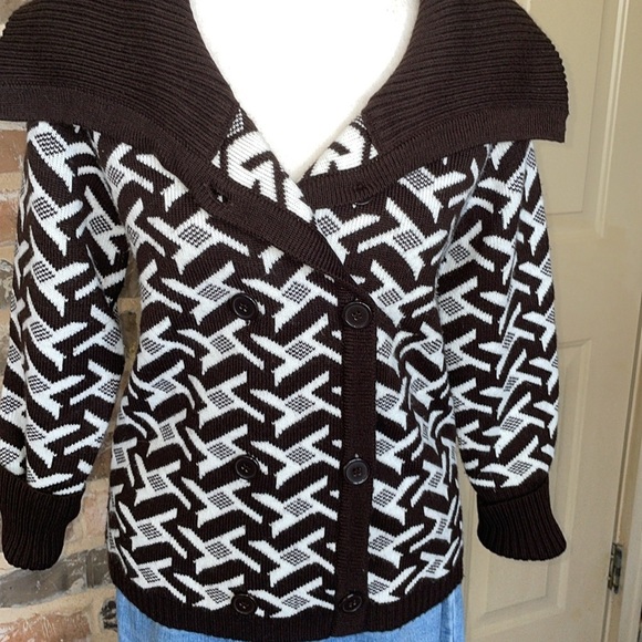 Vintage Brown Cream Houndstooth Knit Sweater Double Breasted Contrast Collar SM - Picture 9 of 13